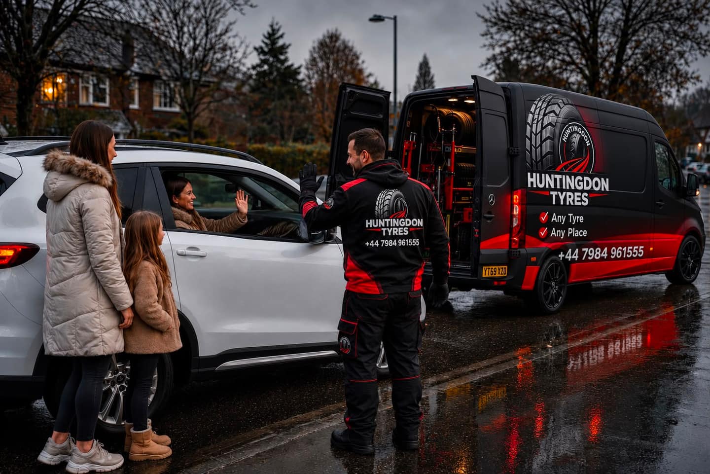 Huntingdon Tyres technician fitting tyres for a family beside the mobile van